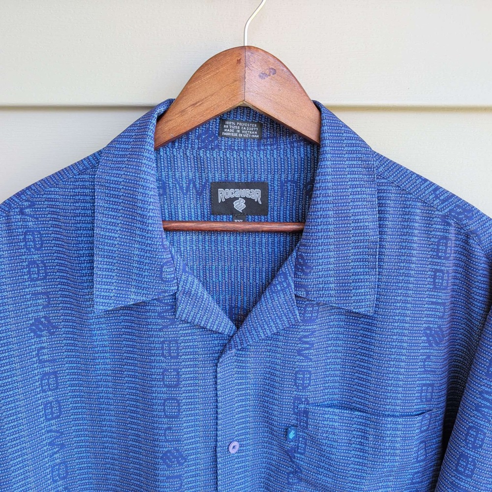 Rocawear Button Down Shirt Mens XXL Blue All Over Logo Print Short Sleeve Y2K